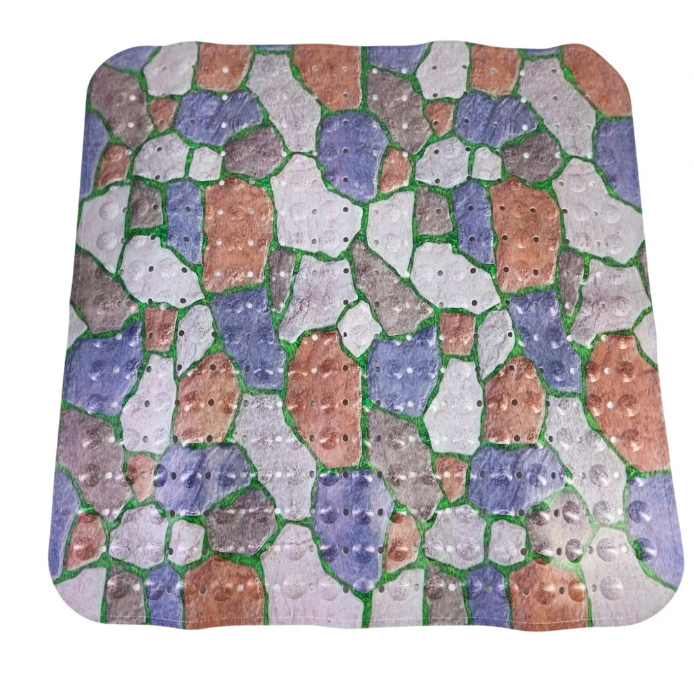 Square Cobblestone Pebble Print Shower Mat Non-Slip Suction Cup Multicolor 31x31